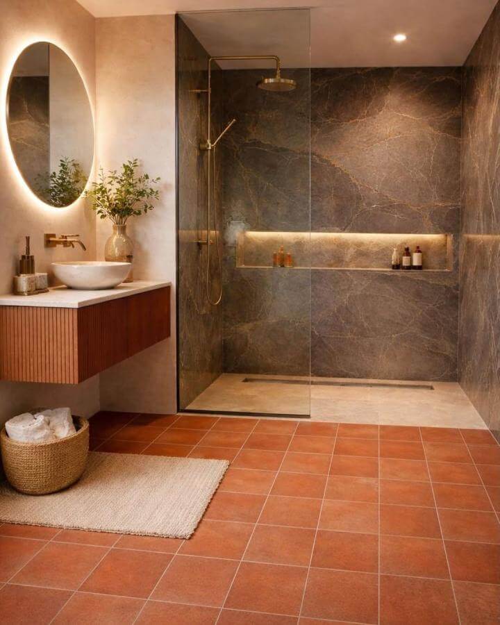 Terracotta tile floor in a modern bathroom with stone shower walls and warm brass fixtures by @southern_renovations_cork. Earthy yet contemporary style.