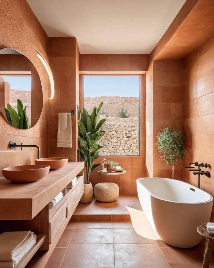 Terracotta textured bathroom with matte sinks, black fixtures, natural wood, and greenery by @design_hunger in warm clay hues.