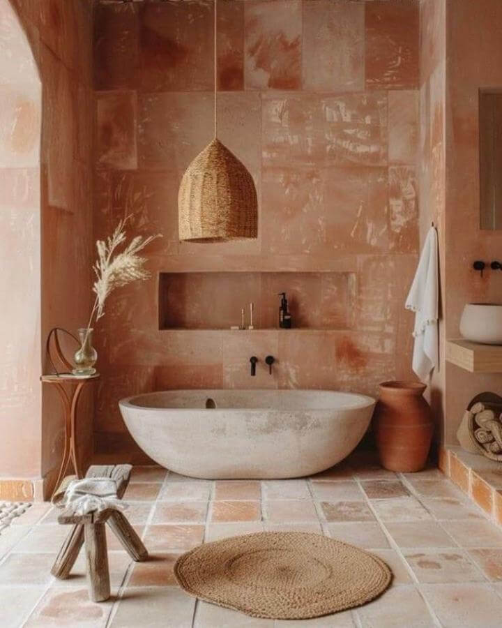 Terracotta tiled bathroom with stone tub and natural woven elements from @design_hunger. Warm, earthy rustic style.