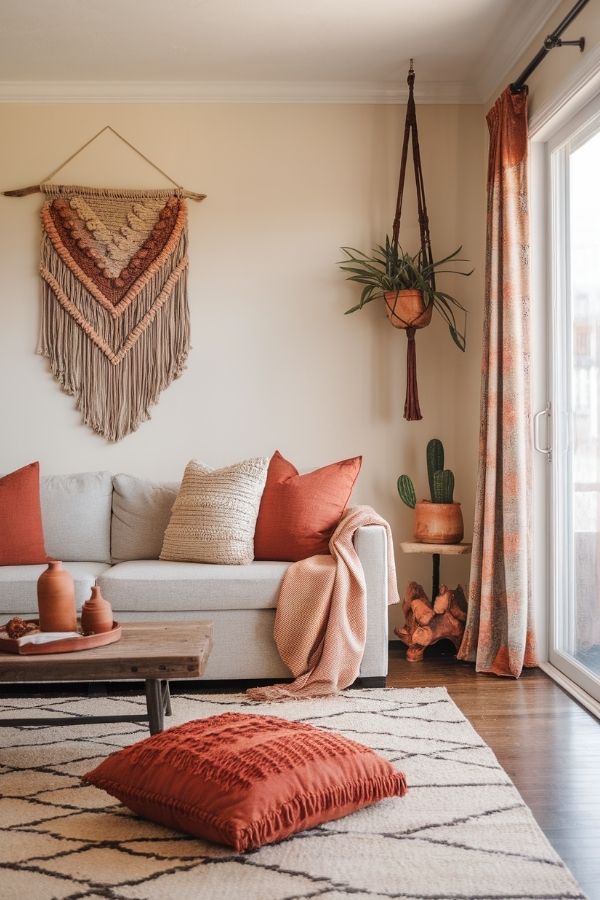 Terracotta living room with cozy sofa, warm lighting, and rustic decor.