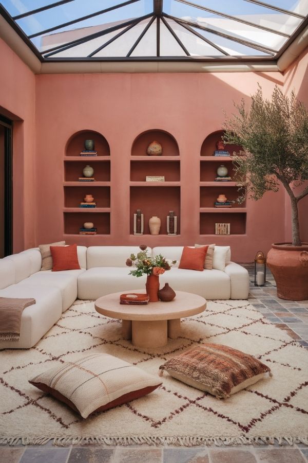 terracotta living room with cozy seating and warm, inviting decor.