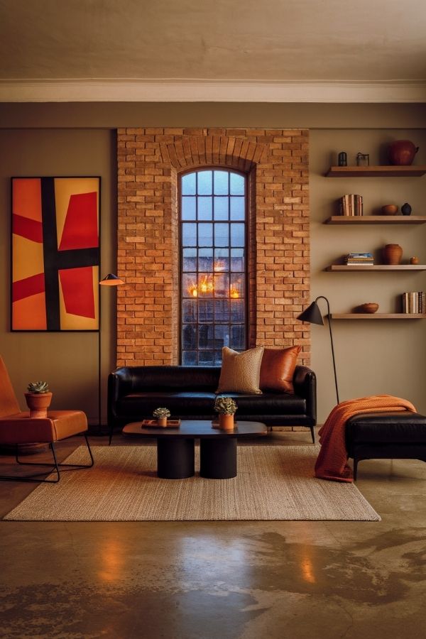 Terracotta living room filled with cozy furniture and warm lighting.