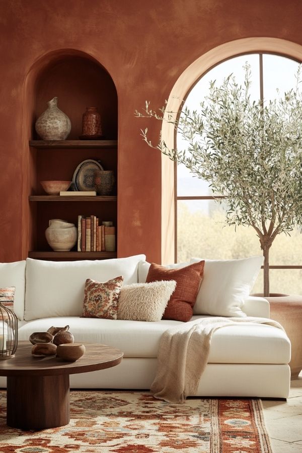 Terracotta living room with warm tones, cozy furniture, and plants.