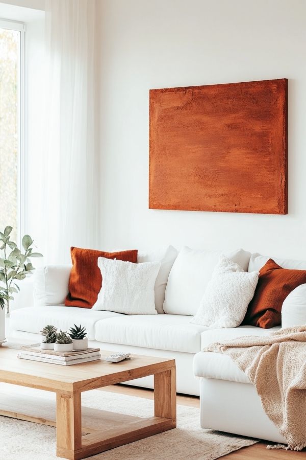 Terracotta living room with cozy seating and vibrant accent decor.