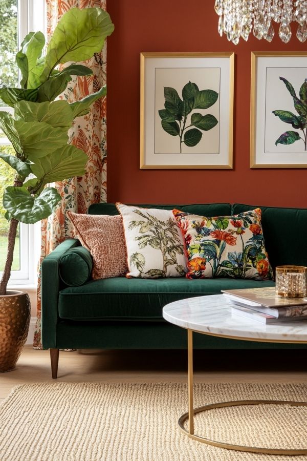 Terracotta living room with cozy furniture and earthy decor accents.