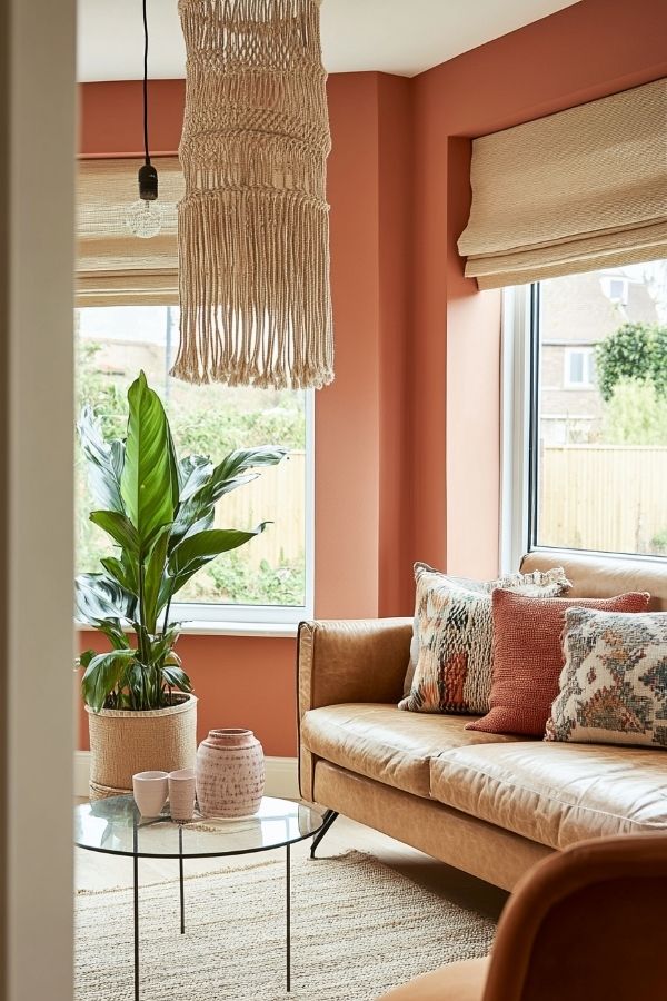 Terracotta living room with cozy furniture, warm lighting, and decorative plants.