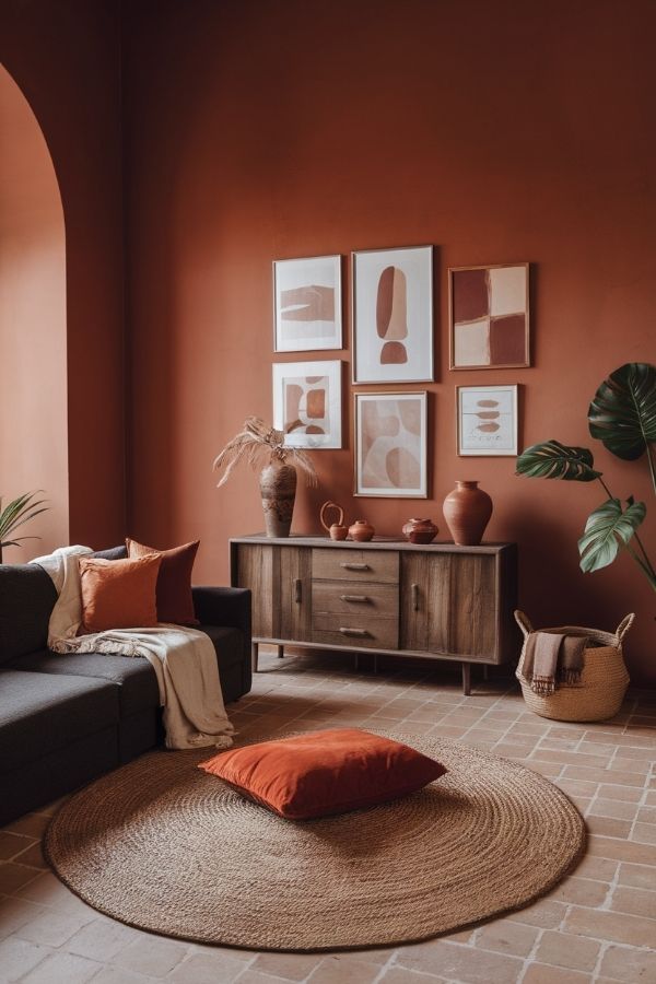 terracotta living room with cozy seating and warm, inviting atmosphere.