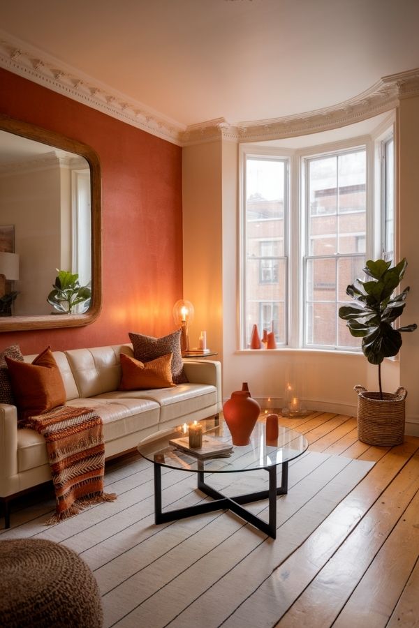 Terracotta living room with cozy sofas, wooden accents, and natural lighting.