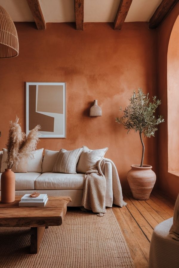 terracotta living room with cozy seating, warm lighting, and plants