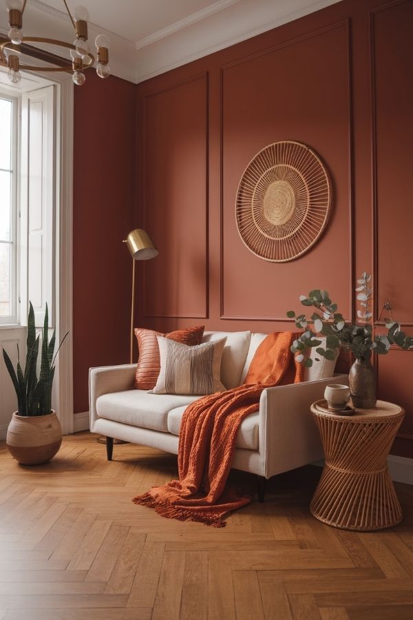 Terracotta living room with cozy seating and vibrant, earthy decor.