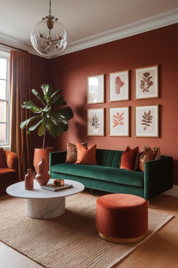 Terracotta living room with cozy seating and warm lighting accents.