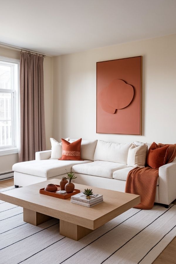 Terracotta living room with warm hues, cozy seating, and plants.