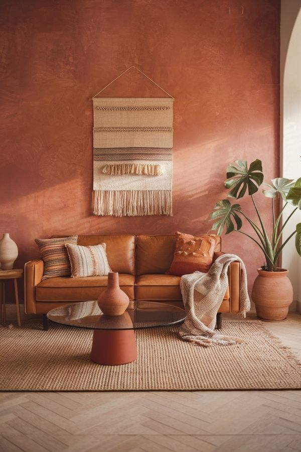 Terracotta living room with warm hues, cozy seating, and plants.