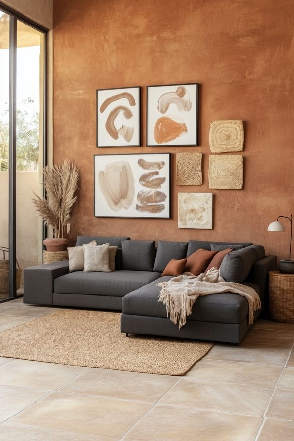 Terracotta living room featuring cozy seating, warm tones, and natural decor.