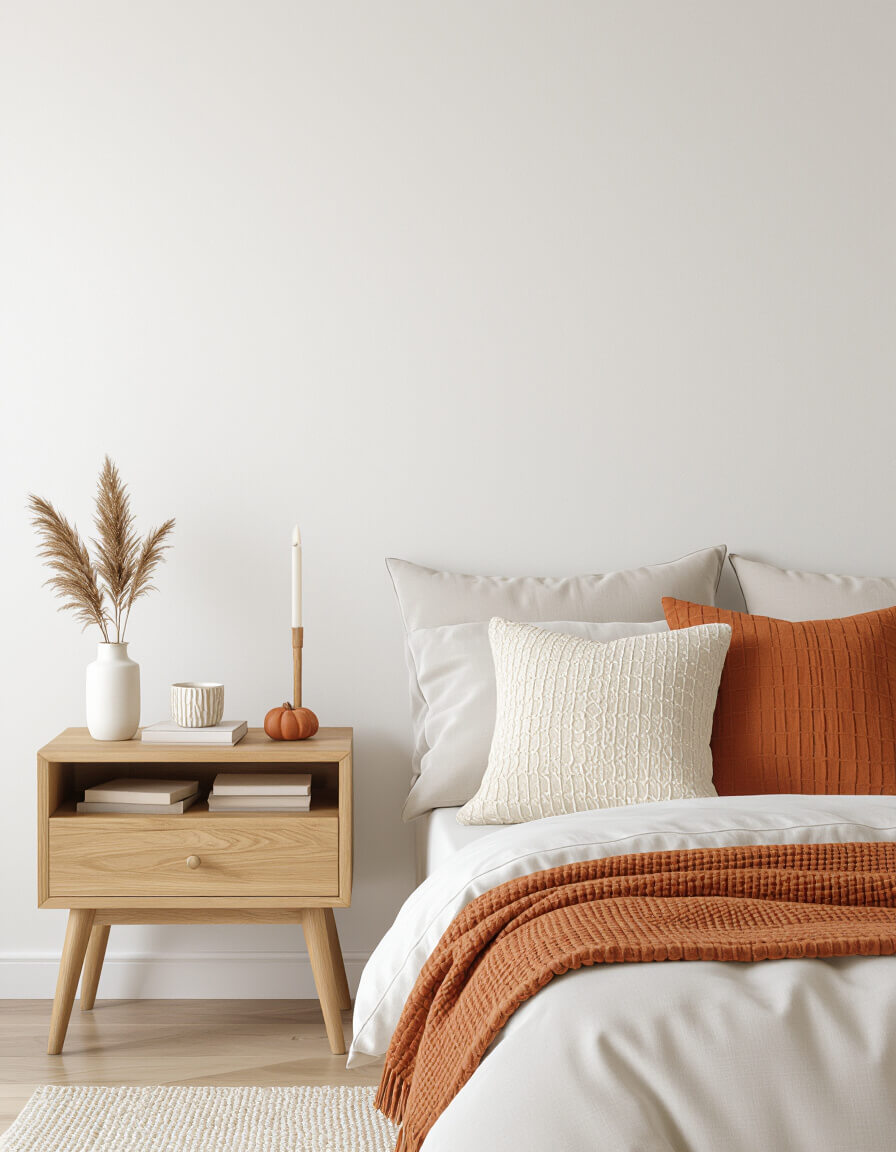 Textured autumn throw pillows in neutral tones arranged on a minimalist bed with wooden nightstand and clean white walls