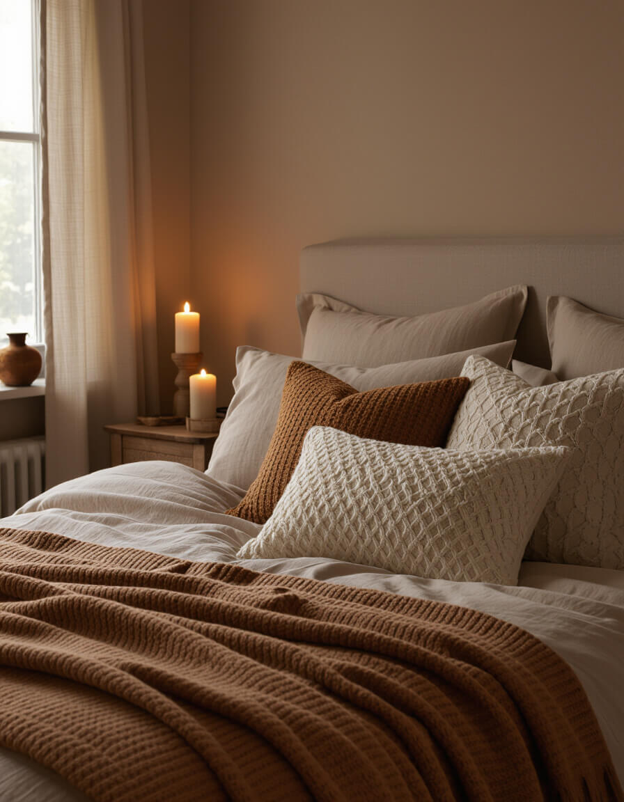 Textured throw pillows layered on cozy bed with warm beige walls and candlelight creating romantic fall bedroom atmosphere