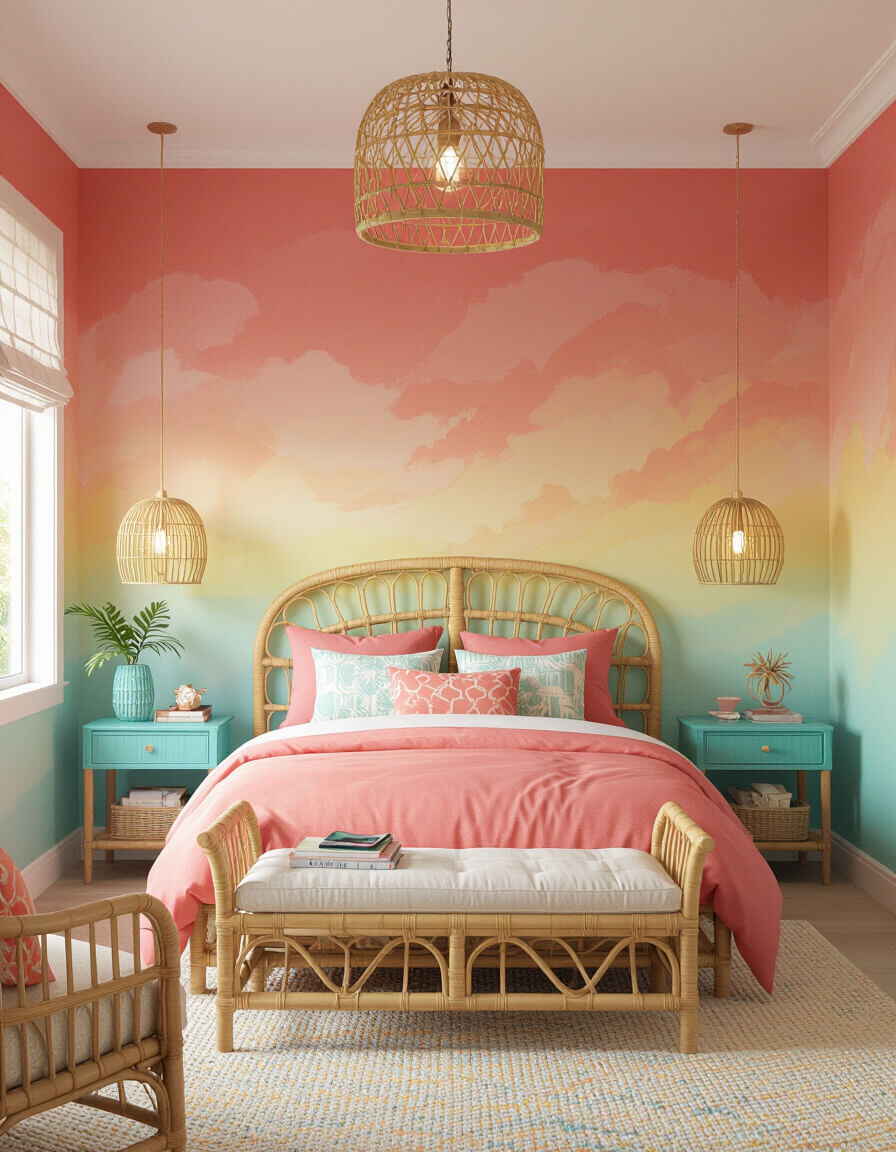 Tropical sunset bedroom with coral pink orange ombre walls, turquoise accents, bamboo furniture creating vibrant colorful bedroom design