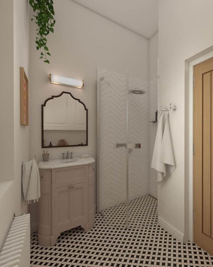 Soft blushed vanity and black and white patterned tile floor victorian bathroom ideas from @amii_interiors. Elegant small bathroom with vintage charm.