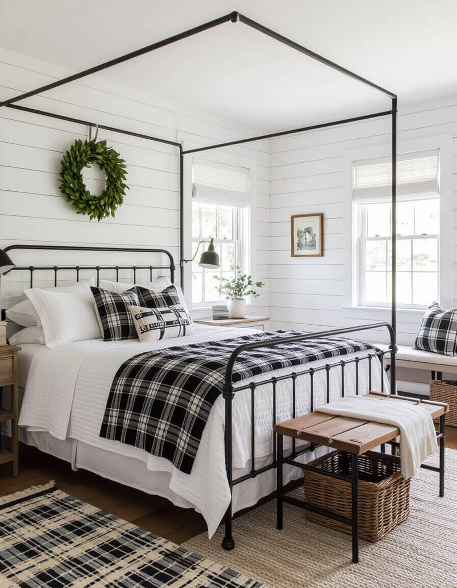 Vintage black iron bed frame against white shiplap walls with white quilted bedding and farmhouse decor creating classic black and white bedroom design