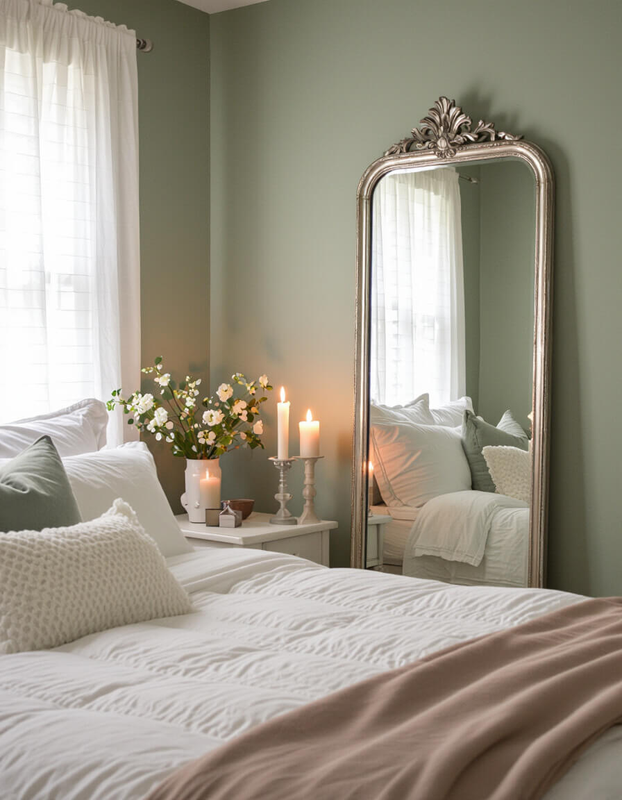 Ornate vintage mirrors with weathered frames create romantic ambiance against sage green wall with white bedding and flickering candlelight