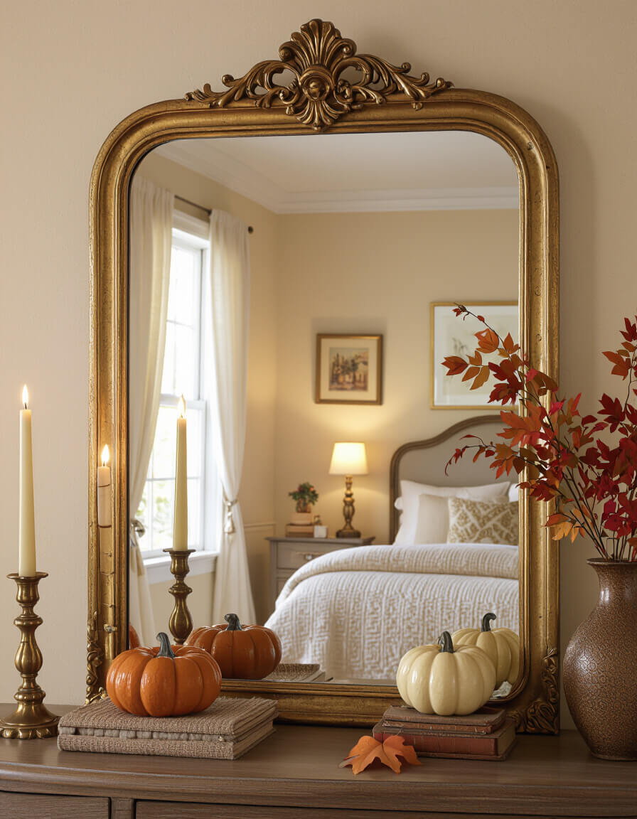 Ornate vintage mirrors with golden frames reflecting warm amber lighting in a cozy fall bedroom with cream walls and romantic autumn decor