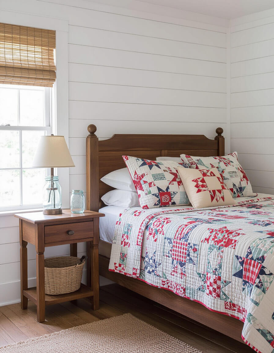 Layered vintage quilts on farmhouse bed with white shiplap walls and wooden nightstand featuring mason jar lighting