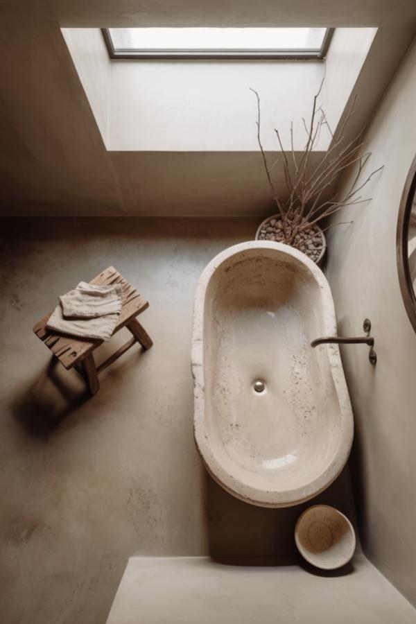 Stone bathtub with natural texture and warm beige tones in minimalist bathroom space with skylight above.