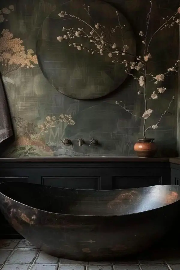 Dark stone bathtub with cherry blossom branches showcasing natural wabi sabi bathroom ideas styling approach.