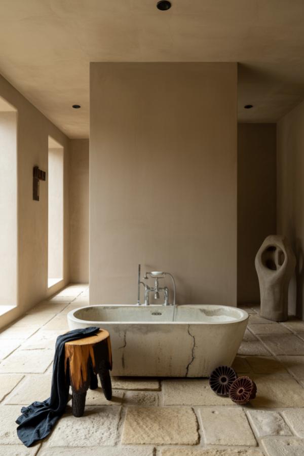 Weathered limestone bathtub from @ancre.home featuring natural cracks and warm beige stone flooring with organic accessories.