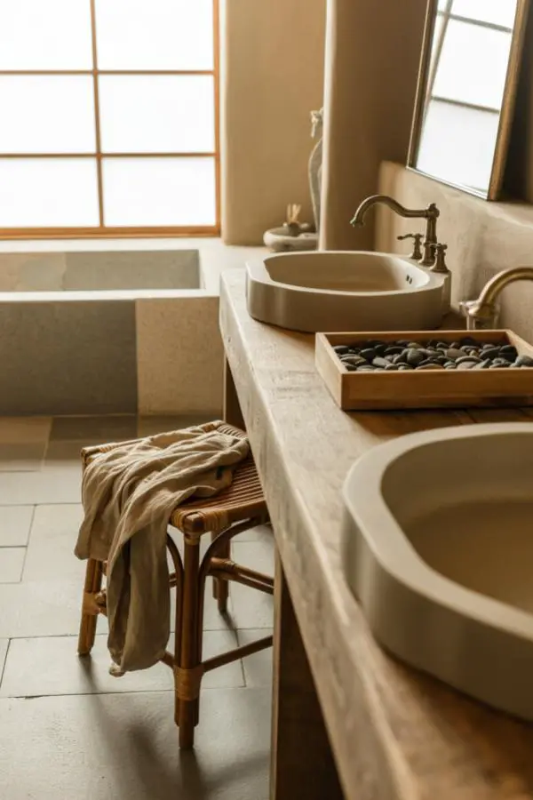 Curved stone countertop from @in_joannas_house. Natural vessel sinks and warm beige tones create organic bathroom design.