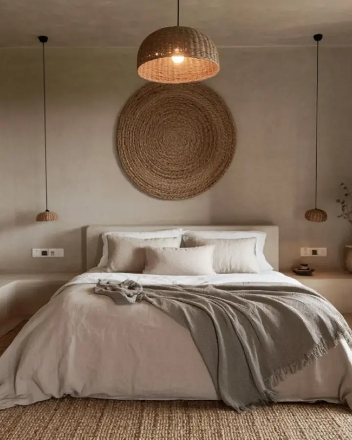 Natural woven basket wall art above neutral bedding with pendant lighting in minimalist bedroom setting.