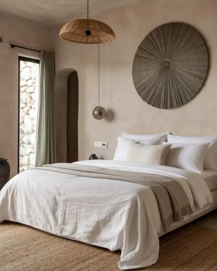 Neutral bedroom featuring large circular woven wall art above white bedding with natural pendant lighting.