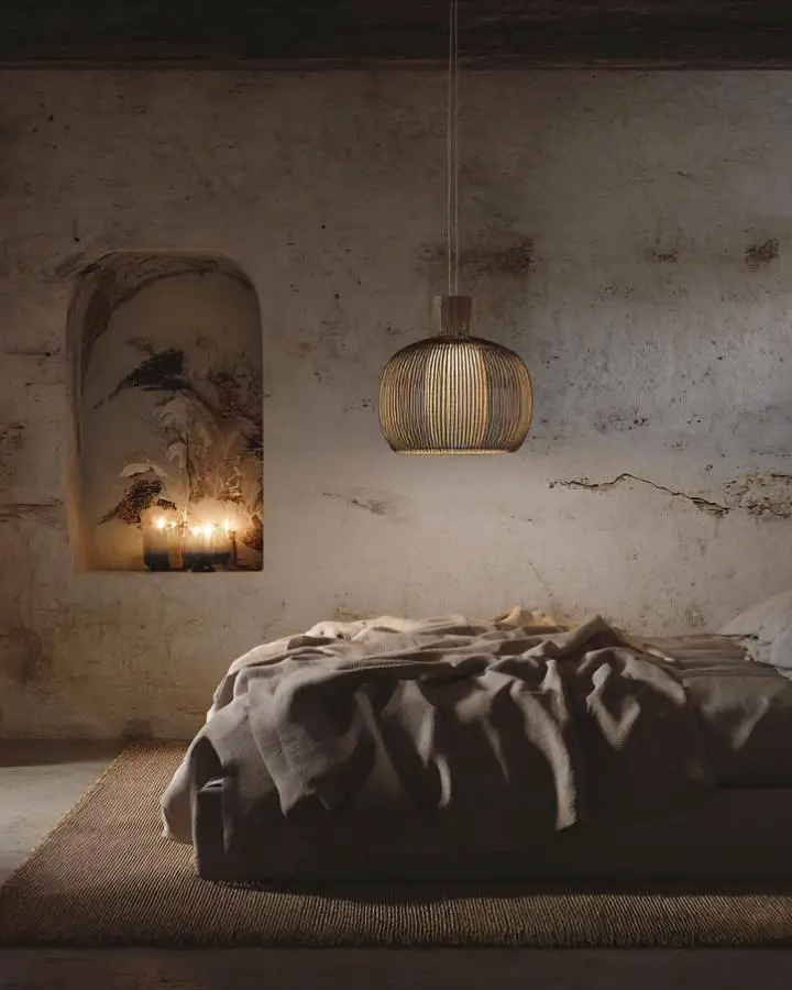 Weathered concrete bedroom walls showcasing natural cracks and stains perfect for wabi sabi bedroom ideas inspiration.
