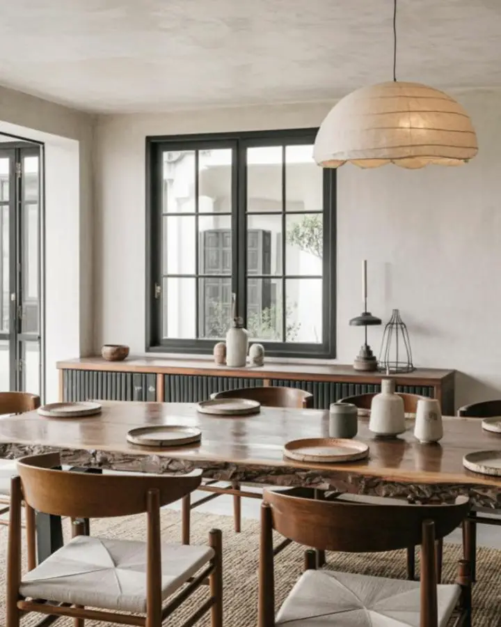 Ribbed timber sideboard from modern dining room. Natural wood texture with sage green accents below large windows.