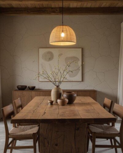 Rustic dining room featuring natural woven pendant light and weathered walls showcasing wabi sabi dining room ideas through textured plaster surfaces.
