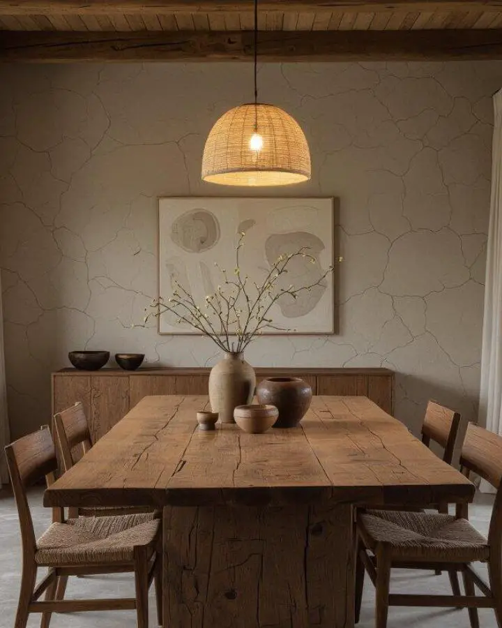 Rustic dining room featuring natural woven pendant light and weathered walls showcasing wabi sabi dining room ideas through textured plaster surfaces.