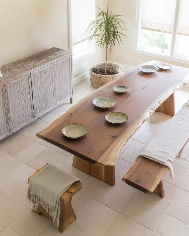 Natural wood live edge dining table with ceramic bowls and wooden benches. Minimalist setup with woven basket plant holder.