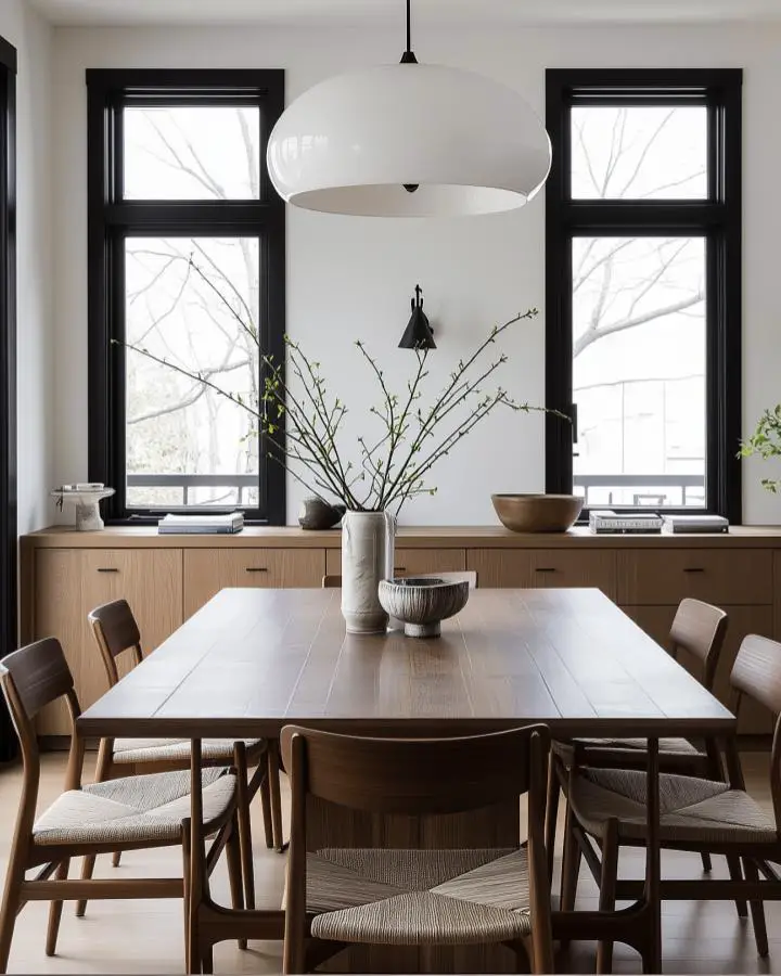 Minimalist dining room with oversized white pendant light and natural wood furniture creating serene atmosphere.