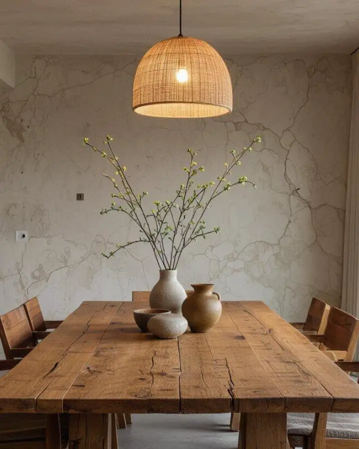 Rustic wooden dining table with ceramic vases against textured cracked walls. Natural materials showcase imperfect beauty perfectly.