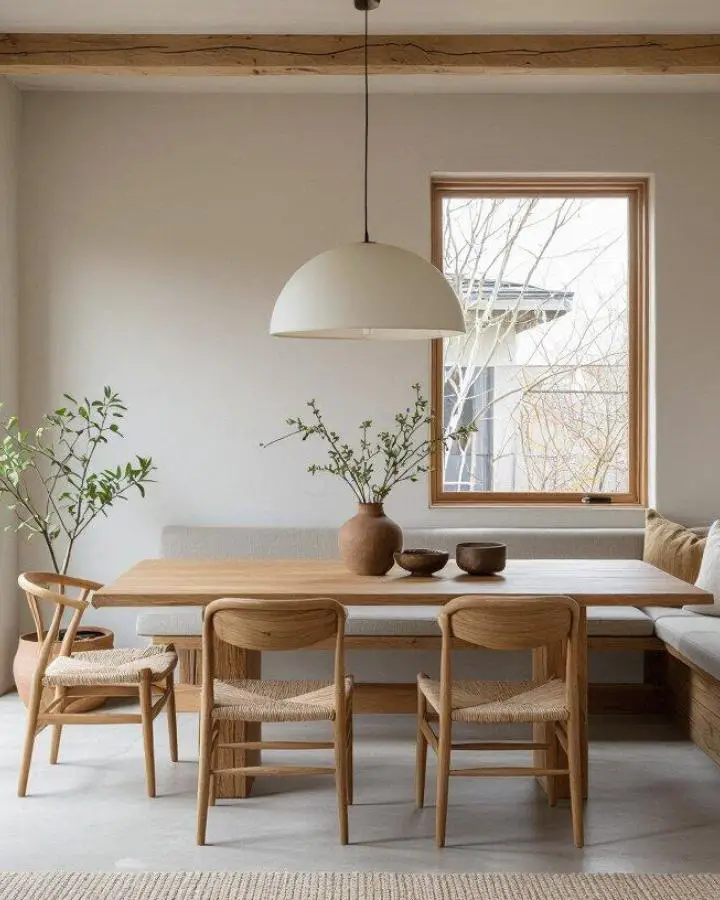 Natural wood dining table with woven chairs showcasing wabi sabi dining room ideas through organic textures and imperfect beauty.