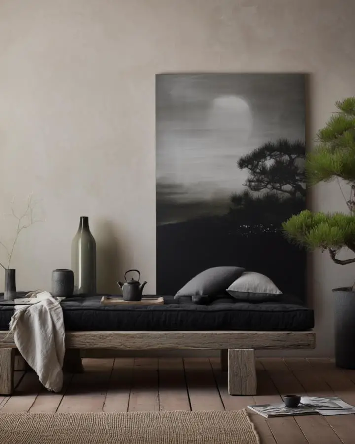Atmospheric gray landscape painting above wooden bench with ceramic vessels. Shows how soft artwork anchors natural materials beautifully.