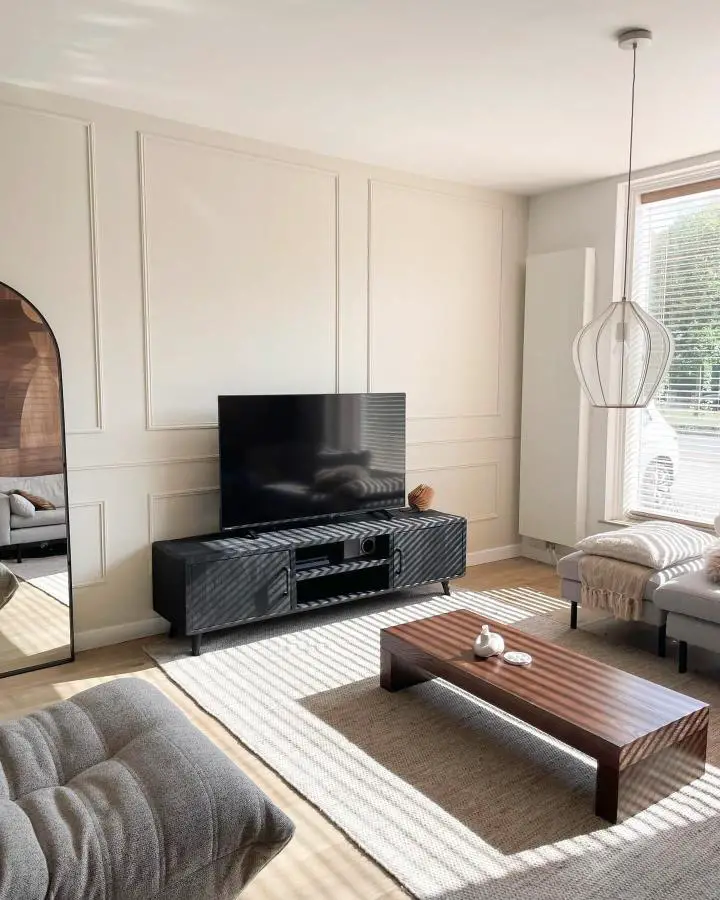 Natural walnut coffee table from @mywhitecosyhome showcasing wabi sabi living room ideas with warm wood grain details.