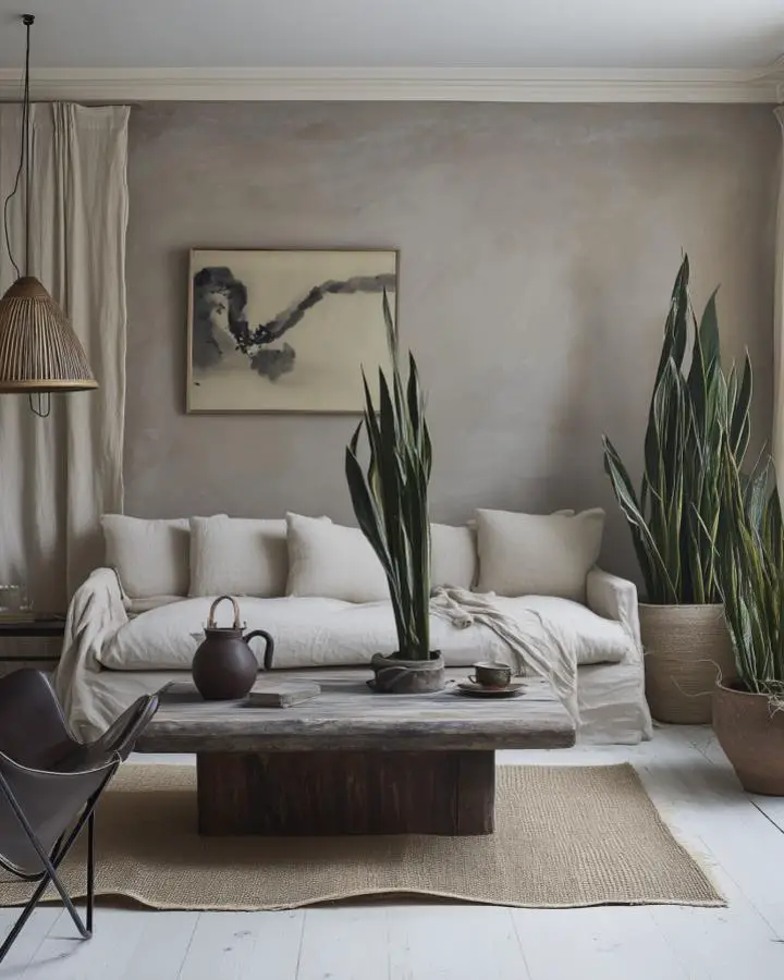 Rustic wooden coffee table centerpiece with natural pottery and plants creating serene neutral living space.