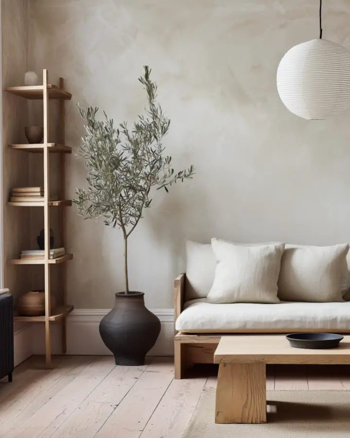 Natural wood furniture and olive tree plant from neutral living room space with paper lantern lighting.