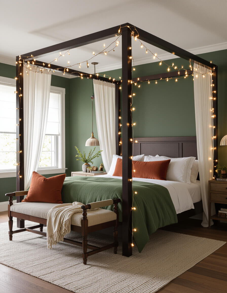 Warm string lights draped over four-poster bed creating romantic fall bedroom ambiance with forest green walls and copper pillows