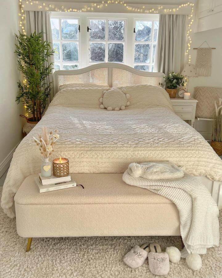Light neutral bedroom with rattan headboard and textured bedding from @wilfredoemanueldesigns. Cozy and inviting layered whites.