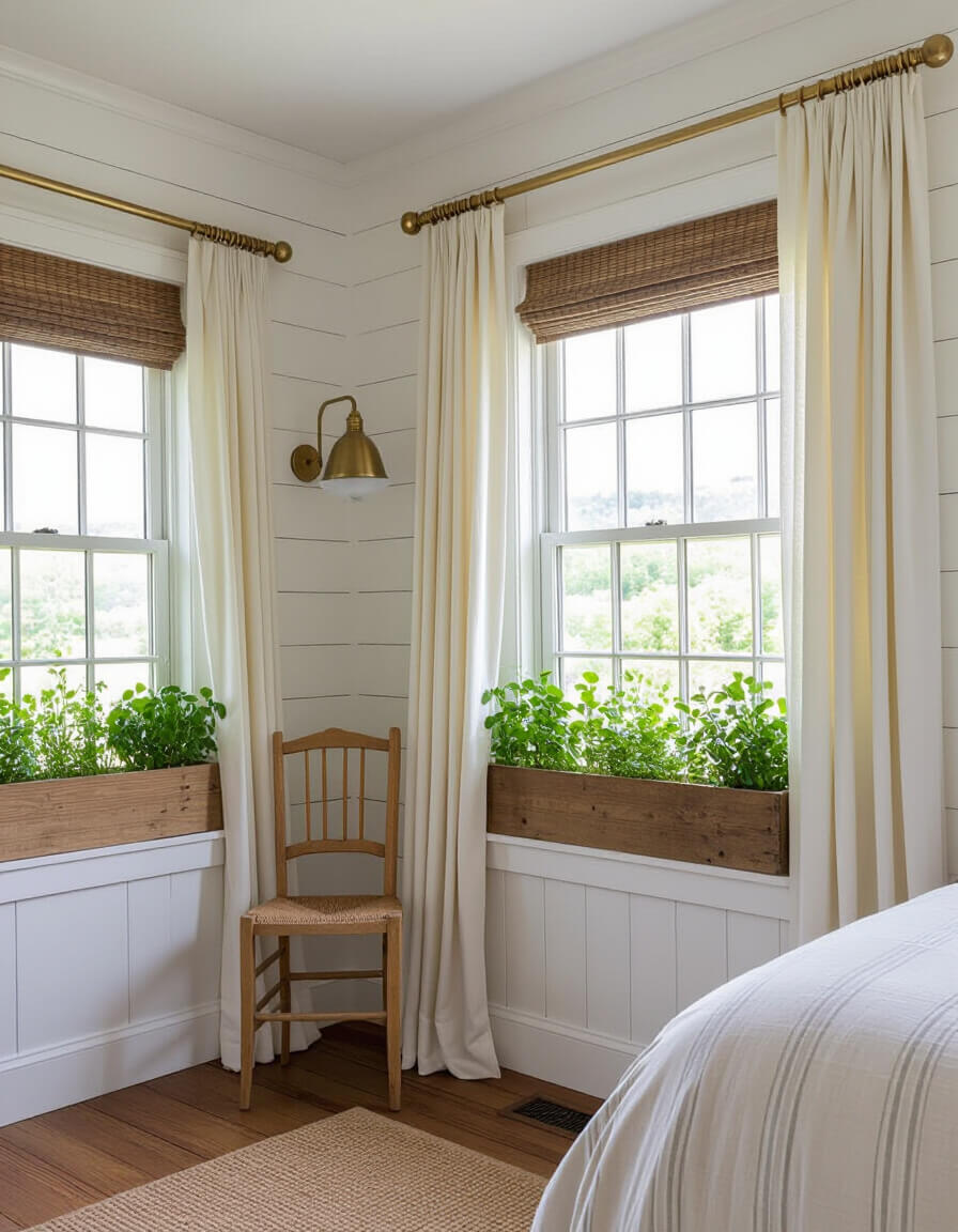 Rustic wooden window box filled with fresh herbs sitting on white shiplap windowsill with brass curtain rods and cream cafe curtains in cozy farmhouse bedroom