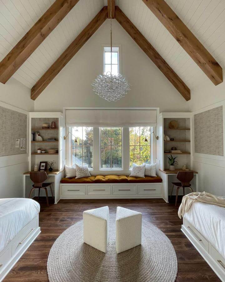 Warm White And Wood Window Bench With Mustard Cushion And Storage Drawers From @lakeandlandstudio Bright Inviting Bedroom Nook
