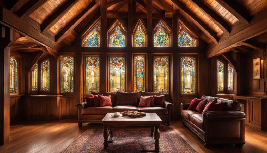 wood paneling, beams, and stained glass