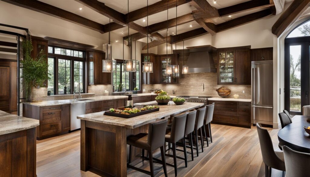 wooden beams in modern rustic kitchen